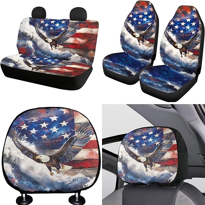 FKELYI Eagle Car Seat Covers - American Flag Headrest, Dust-Proof Gear & Handbrake, Steering Wheel, Cup Coasters