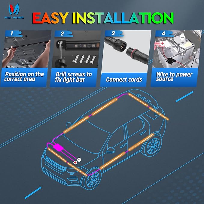 MICTUNING N8 RGBW Underglow Light Bars for SUVs, App/Remote Control, Aluminum Housing Waterproof, Exterior Neon Accent Underbody LED Light Strips, w/ 2pcs 9.8ft Extension Cords, 8PCS