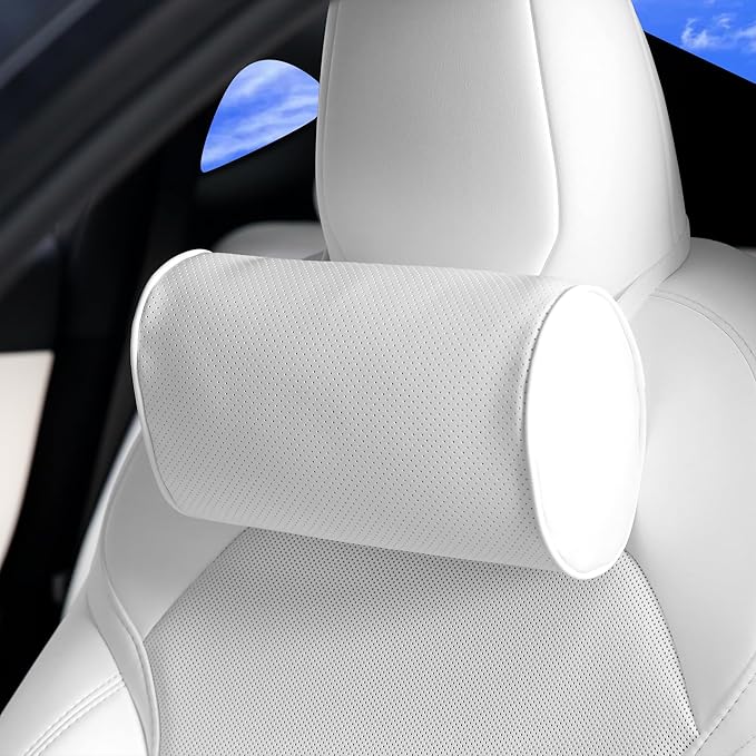 Car Headrest Pillow for Driving - Luxury Leather 100% Memory Foam, Ergonomic Neck Support - Universal Fit Head Rest Travel Pillow for Most Cars, Home & Office, White, 1 Pack