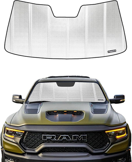 Windshield Sun Shade for Ram 1500 2009-2018, Ram 1500 Classic 2019-2024. Reflective Aluminum Film Front Window Sunshade - BLAZBLOCK