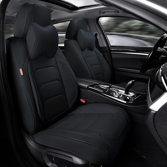 Black Car Seat Covers Front Pair, Breathable Leather Automotive Front Seat Covers & Headrest for Comfortable Driving, Universal Auto Interior Fit for Most Kinds of Vehicles, SUV, Sedans