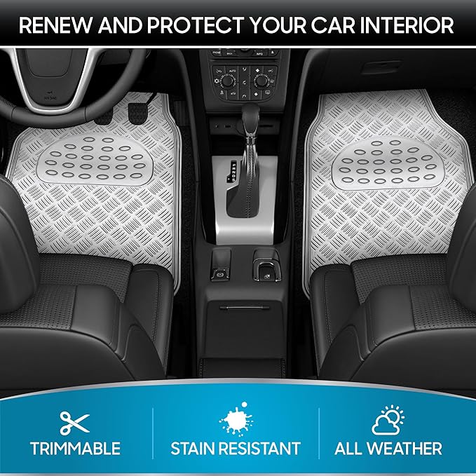 BDK Metallic Chrome Car Floor Mats All-Weather Universal Fit Automotive Floor Mats for Cars SUVs, Floor Mats for Trucks, Car Mats Full Set Front & Rear, Non-Slip Backing - Silver