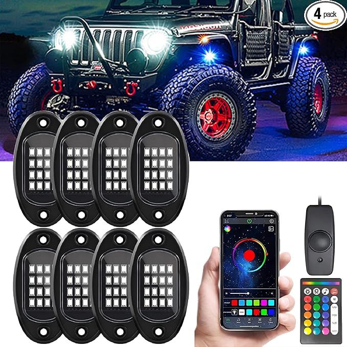 GSRECY RGB LED Rock Lights for Trucks, 8 Pods Rock Lights with App/Remote Control/Music Mode, Multilcolor Neon Underglow Wheel Well Light for ATV Pickup Off Road RZR UTV Golf Car Trailer Boat