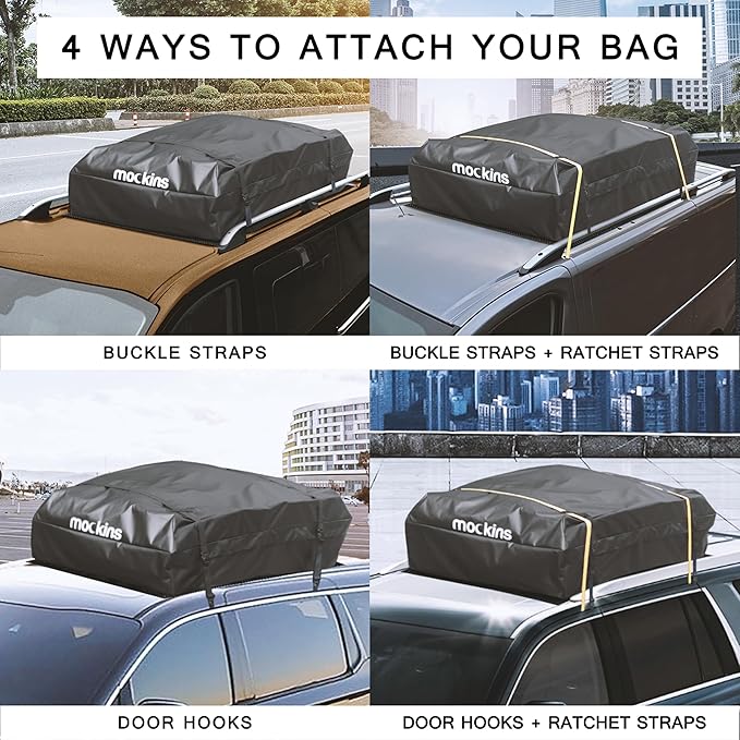Mockins 25 CuFt Waterproof Rooftop Cargo Bag |60"x43"x17" All-Weather Car Roof Cargo Carrier Bag |Vinyl Car Roof Bag w/Mat, Straps & Door Hooks| Car Top Carrier for Vehicles with or Without Roof Rack