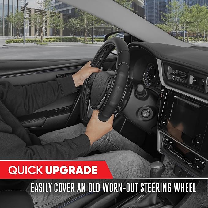 Motor Trend GripDrive Faux Black Leather Steering Wheel Cover for Car Truck Van SUV, Small 14 inch Size, Solid Black Stitched Car Steering Wheel Cover Vehicle & Auto Accessories