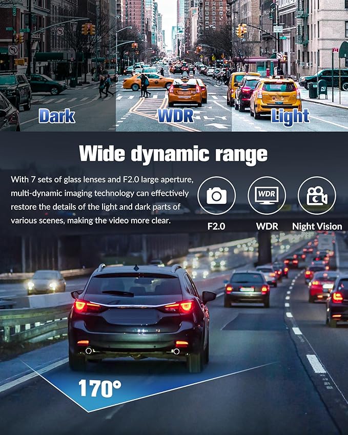 Dash Camera for Cars,4K Full UHD Car Camera Front Rear with 32GB Card,Built-in Super Night Vision,2.0'' IPS Screen,170°Wide Angle,WDR, 24H Parking Mode, Loop Recording