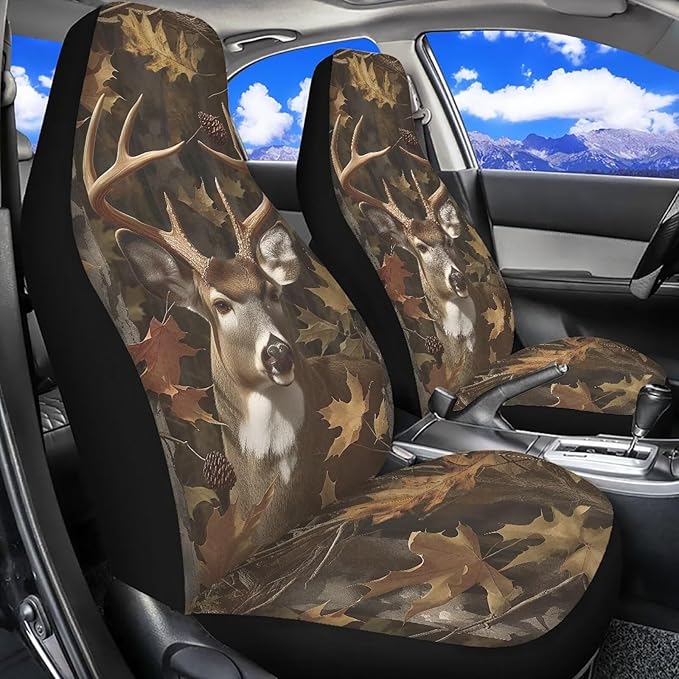Camo Hunting Deer Car Seat Covers Set of 2 Breathable Front Seat Covers Stretch Polyester Fabric Cover Soft Front Seat Cover Universal Fit for Auto SUV