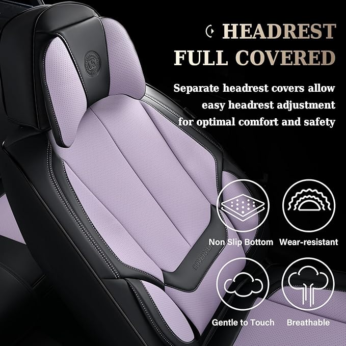 Coverado Universal Seat Covers Full Set, 5 Seats Universal Seat Covers for Cars, Waterproof Nappa Leather Car Seat Covers with Head Pillow, Auto Protectors Fit for Most SUV Pick-up Truck-Black&Purple