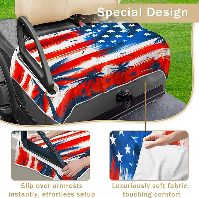 YOKYHOM American Flag Golf Cart Seat Covers for 2/4-Seater, Patriotic USA Seat Towel Blanket Keeps Seats Cool & Clean for Summer, Microfiber Fits EZGO, Club Car, Yamaha, 51"x31"