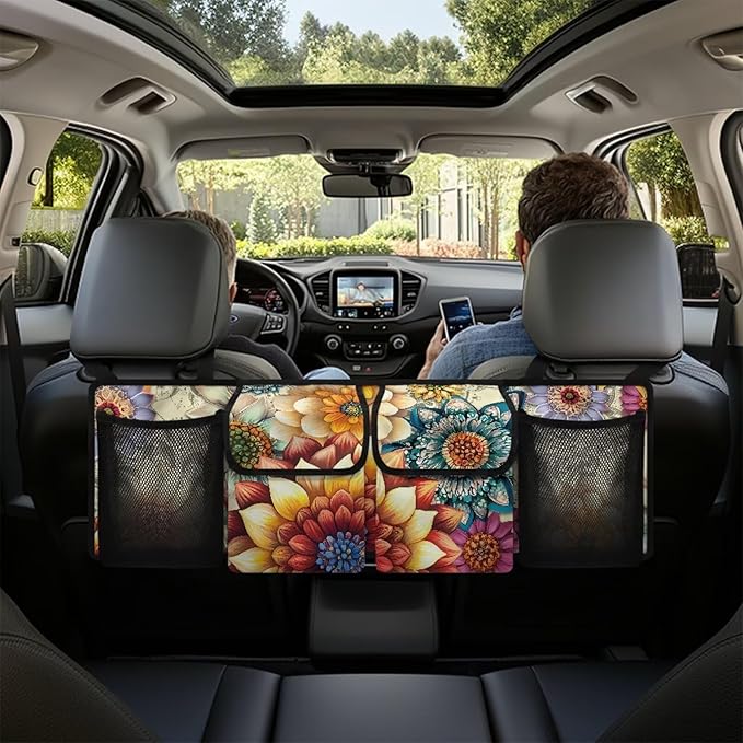 Mexican Dahlias Backseat Trunk Organizer for Car Mandala Flowers Trunk Storage Bag with Extra Storage Space for SUVs,Trucks,Vans