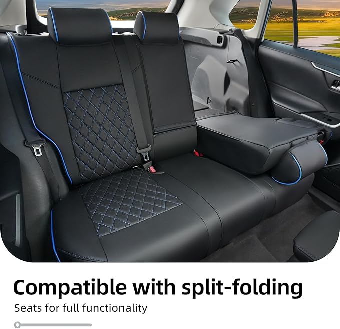 Lolcar RAV4 Seat Covers Custom Fit for Toyota RAV4 2019 2020 2021 2022 2023 2024 2025 LE,XLE,XLE Premium,Limited,Airbag Compatible,Seat Cover Full Set for SUV, Leather（ Black with Blue Trim）