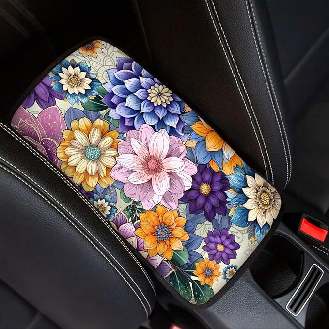 JoyLamoria Auto Center Console Cover Boho Floral Print Car Armrest Cover Universal Fit Comfort Armrest Cushion for Car Seat Handrail Box