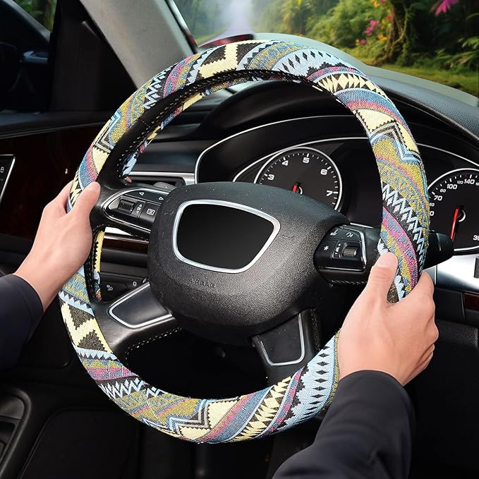 KAFEEK Boho Steering Wheel Cover for Men Women,Ethnic Style, Breathable, Anit-Slip, Car Steering Wheel Protector Cloth Bohemian Universal Fit 14.5-15 Inch