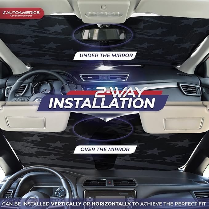 Autoamerics 2-Piece Windshield Sun Shade - B&W USA Flag Foldable Car Front Window Sunshade for Most Cars SUV Truck Heat Blocker Visor Protector Blocks Max UV Rays and Keeps Your Vehicle Cool - Medium