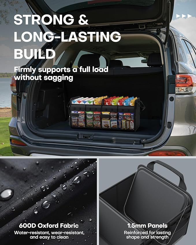 HOTOR Tactical Car Trunk Organizer - Foldable Trunk Organizer for SUV with Front MOLLE Pocket & Reflective Strips, Essential Car Accessories for Tools & Outdoor Storage, 12.8" x 21.7" x 11.0", Black