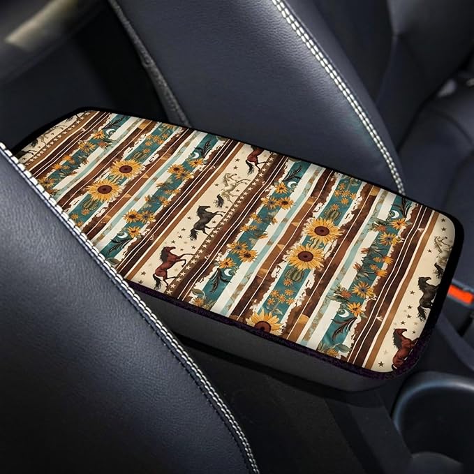 Auto Center Console Pad, Easy to Install Armrest Cover Pad for Trucks Vans SUV Cars Aztec Horse Sunflower Universal Car Interior Decor Accessories for Women Men