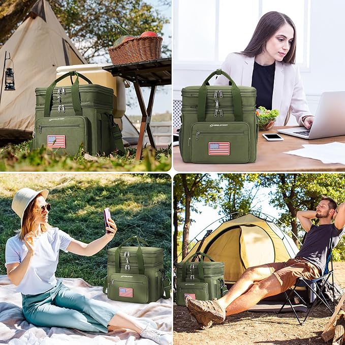 Maelstrom Lunch Box, 23L Insulated Lunch Bag, Expandable Double Deck Cooler Bag, Lightweight Leakproof Tote Bag With Side Tissue Pocket, Suit For Men and Women (G.Army Green with DIY Hook-and-Loop)