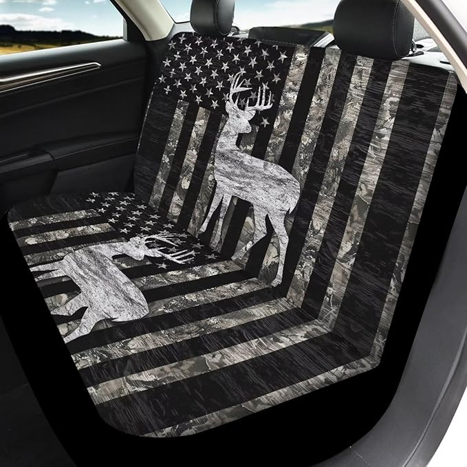 KEIAHUAN Car Seat Covers Full Set of 4 American Flag Deer Camo Hunting Breathable Comfort Auto Interior Seat Protector Front Back Universal Fits Most Cars, Vans, SUVs, Trucks