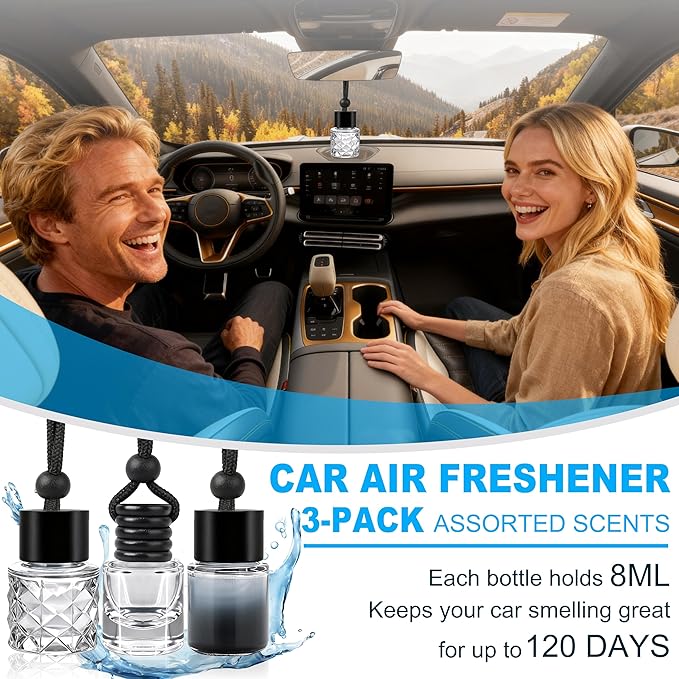 Car Air Freshener Hanging 3 Pack – Mixed Fragrance Cologne & Leather & Sandalwood oud, Long-lasting fragrance for 60+ days, Car Air Freshener Men, 0.27 FL OZ/8ML