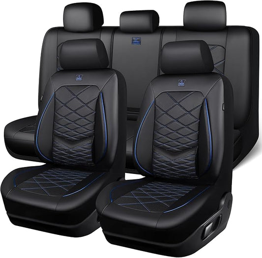 CAR PASS Luxury Nappa Leather Seat Covers Full Set, Water Resistant Faux Leather Seat Cover with Lumbar Support, Breathable Automotive Seat Covers Universal Fit for Sedan SUV Van Truck, Black Blue