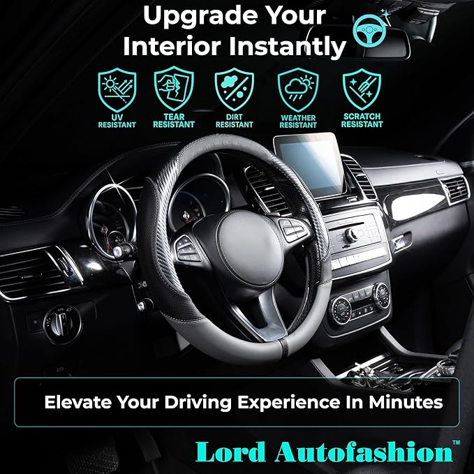 Lord Autofashion Steering Wheel Cover – PU Leather, Non-Slip Rubber Inner, All-Season Comfort – 14.5–15 Inch (Black/Grey 7685)