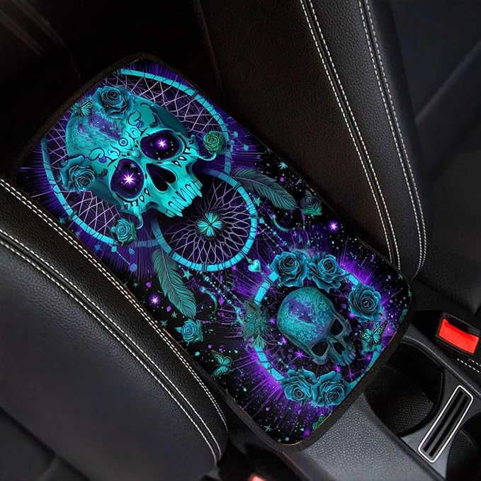 Neoprene Car Center Console Pad Skull Dreamcatcher Print Armrest Cushion Cover Dust-Proof Armrest Seat Box Cover for Most Vehicles Decorative Car Accessories for Women Men