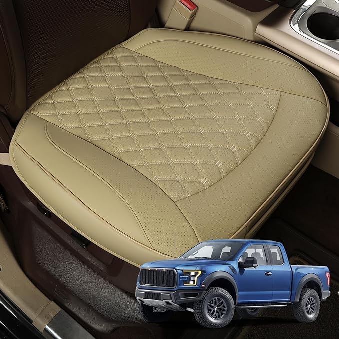 GIANT PANDA Bottom Seat Cover for Trucks&SUV, Front PU Leather Driver Seat Protector Fit for Chevy,Ram,Toyota,GMC,Ford F150 F-Series (2PCS-Beige)