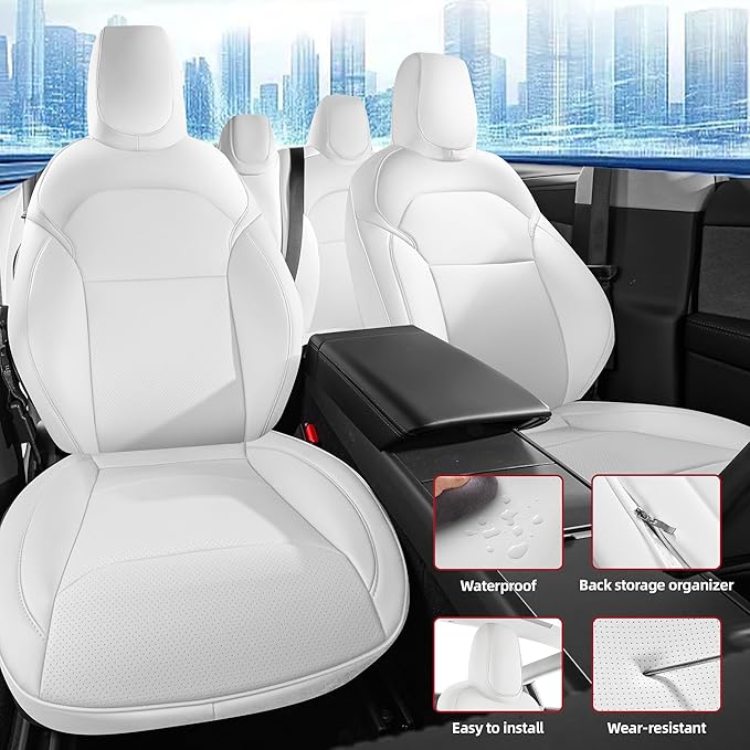 Customized Seat Cover for Tesla Model 3 2024 2025 Highland Long Range (Not for Performance) Nappa Leather Car Interior Airbag Compatible Cushion Cover Full Set (T3-White-24-25)