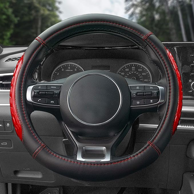 FH Group Universal Fit Ultra Grip Silicone and Faux Leather Steering Wheel Cover fits Most Cars, SUVs Red