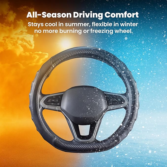 Carbon Fiber D Shaped Steering Wheel Cover – Universal 15 Inch (14.5-15″) Flat Bottom Steering Wheel Cover – Non Slip Leather Grip with Gel Comfort Padding – Sporty Design for Cars, SUVs & Trucks