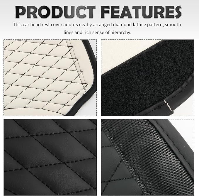 2PCS Leather Headrest Covers for Cars,Multi-Purpose Car Headrest Cover with Storage Bag,Stylish Head Rest Cover for Car as Back Seat Organizer with Diamond Check Pattern