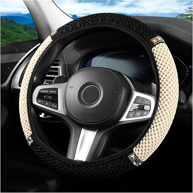 Bling Car Steering Wheel Cover, 15 Inch Crystal Rhinestones Elastic Stretch Breathable Vehicle Steering Wheel Protector for Women Girls, Universal Auto Interior Accessories (Black Beige)