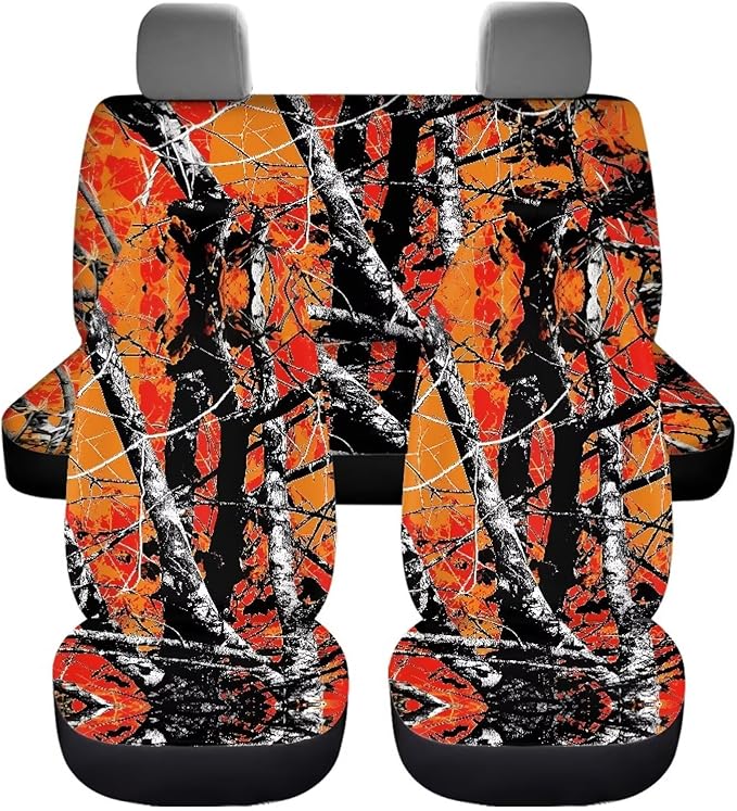 KEIAHUAN Car Seat Covers Camo Hunting Design Front Seat Cover and Split Rear Bench Seat Cover Comfortable Stretchy Universal Fit Most Cars SUVs Vans Sedans, Orange
