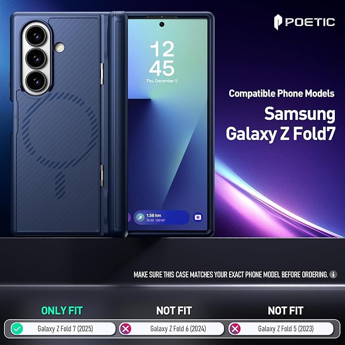 Poetic Revolution Flex Case for Galaxy Z Fold 7, [Hidden Foldable Kickstand][Hinge Protection][MagSafe Compatible], Full Body Shockproof Galaxy Z Fold 7 Cover with Built-in-Screen Protector, Navy Blue