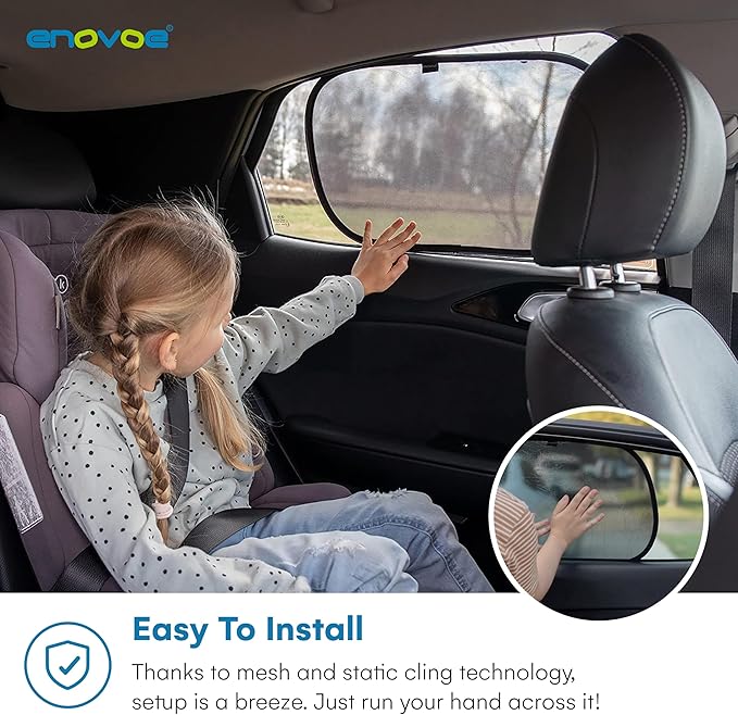 Enovoe Car Window Shades for Baby (2 Pack) - 21x14 Inches Sun Shade Blocker, Cling - Glare Shield and UV Rays Protection for Your Child - Side Windows Screens for SUV- Mesh Window Shades for car Baby