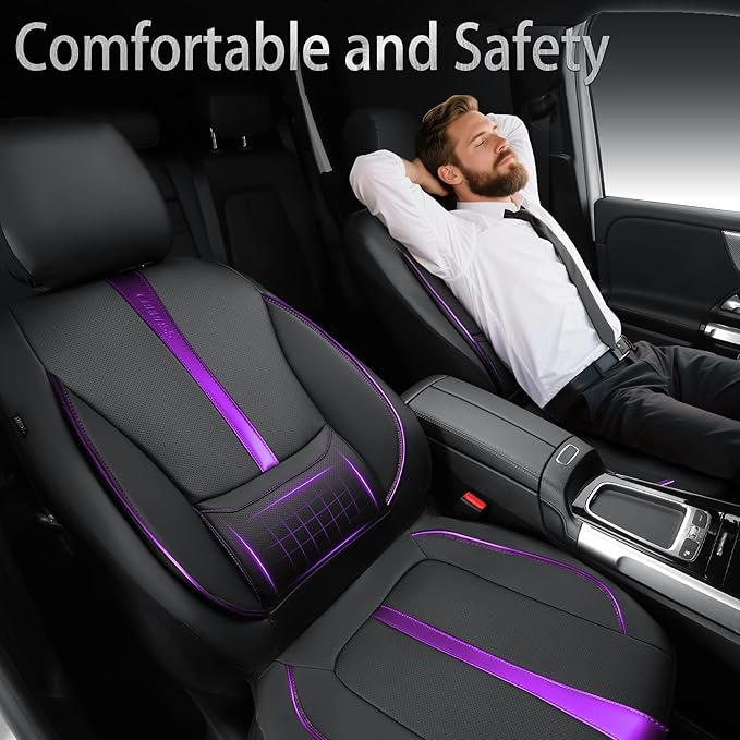 CAR PASS Nappa Leather Car Seat Covers, Water Resistant 3D Foam Faux Leather Seat Covers, Lumbar Support Automotive Seat Covers 2 Front Seats, Comfort & Universal Fit for Cars SUV Truck, Black Purple