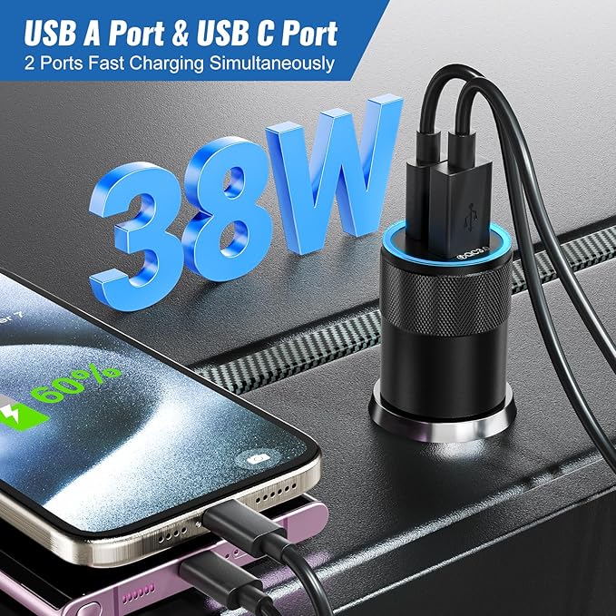 Car Charger Fast Charging 2 Pack, 38W USBC Power Cigarette Lighter Car Charger, Multi Port PD/QC 3.0 Cargador para Carro with 6FT Coiled Type C Charging Cable for Phone iPhone 16/15 Pro, Carplay
