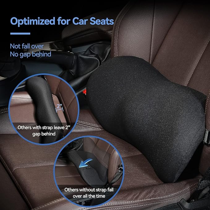 Lumbar Support Pillow for Car with Dual-Grip™ Stability System - Advanced Adaptive Memory Foam Back Pillow for Lower Back Pain Relief, Ergonomic Driving Seat & Office Chair Cushion, Black