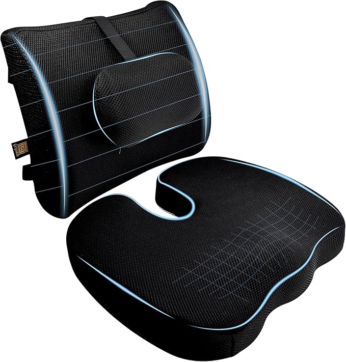 GESQUARE 3-Piece Memory Foam Seat Cushion & Lumbar Support Pillows Set – Adjustable Back Support for Office, Car & Gaming Chairs – Tailbone & Coccyx Comfort for Long Sitting.