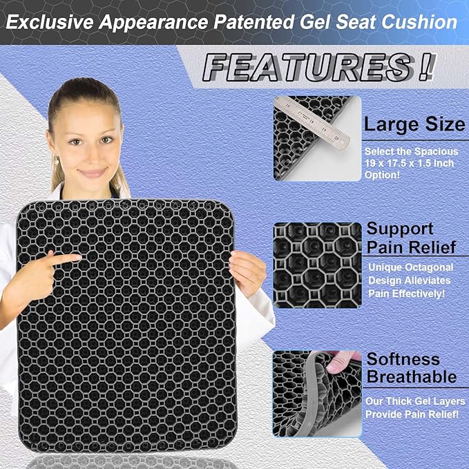 Seat Cushion, Gel Seat Cushion for Long Sitting– Back, Sciatica, Tailbone Pain Relief Pad, 19in Seat Pad for Car, Office Chair, Wheelchair, Soft Support for Long Trips