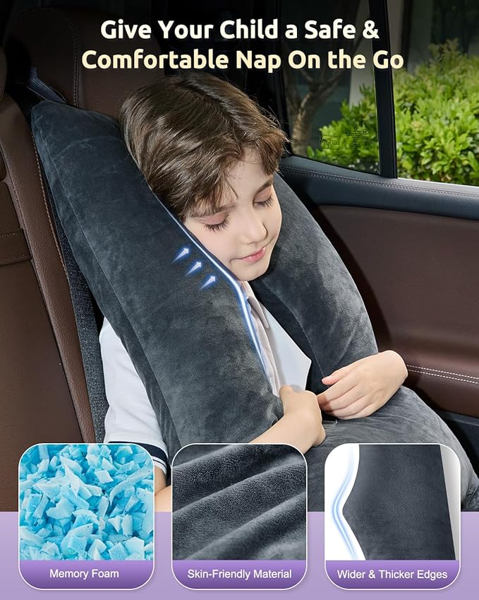 Car Pillow for Kids Travel Pillow with Adjustable Strap,Children Neck Pillow for Car Headrest to Support Head and Body Road Trip Essentials (Grey)