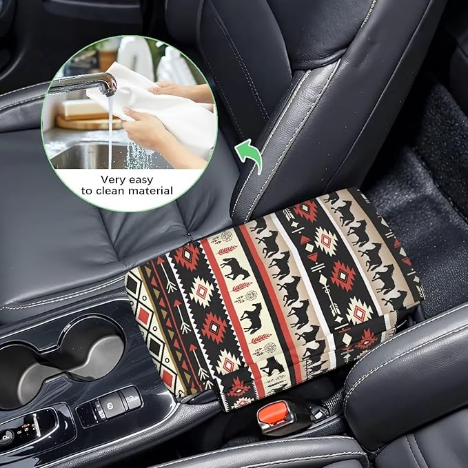 Dreaweet Aztec Horse Car Center Console Cover with Pockets Soft Thick Car Armrest Cushion Non Slip Scratch Proof Car Arm Rest Cover Pad Universal for Most Vehicles