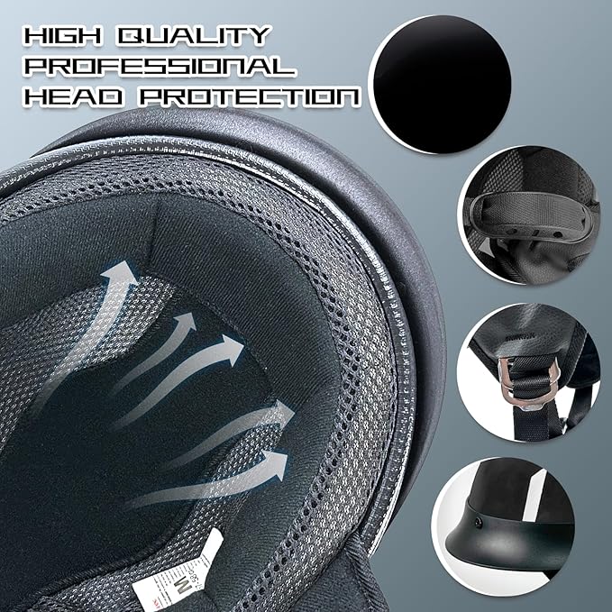 Adult Unisex Black Half Motorcycle Helmet, DOT Approved, for Chopper Moped Scooter Motorbike Electric