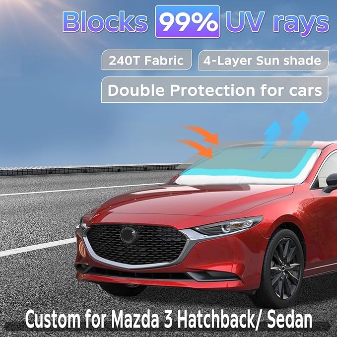 Sun Shade Sunshade for Mazda 3 2019-2025 2026 Windshield Cover, 4-Layers Sun Shield for Mazda 3 Hatchback/Sedan 250T Silver Coating Sun Visor Foldable Window Shade Blocks UV Rays Car Accessories