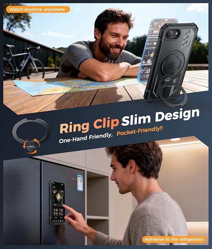 FNTCASE for iPhone 17e Phone Case: for iPhone 16e Case with [360 Spin Magnetic Ring Kickstand] [Compatible for MagSafe] [Screen Protector] Heavy Duty Military Grade Protection Case Translucent Black