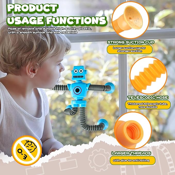 Robot Sensory Travel Roadtrip Toys 4Pcs for Toddlers Kid Boy Year Old Ages 3 4 5 6 7 8 9,Airplane Activities Suction Autism Pop Tube Fidget Toys Autistic Stocking Easter Basket Stuffer Valentine Gift