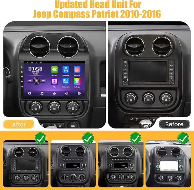 8 Core 6GB+128GB Car Radio for for Jeep Patriot Compass 2010-2016,10.2 Inch QLED Touch Screen Car Stereo with Carplay&Android Auto,WiFi,GPS Navigation,Bluetooth,FM&AM Radio,Android 15