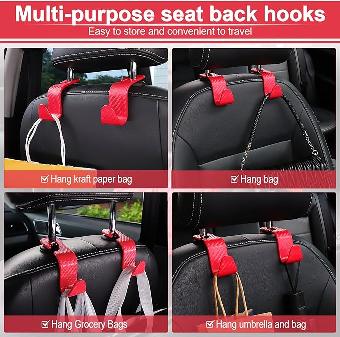 LivTee Car Purse Hook, Headrest Hook for Car, 4 Pack Universal Auto Car Seat Headrest Hook Hangers Organizer for Purse Coat Umbrellas Grocery Bags Handbag, Car Accessories - Carbon Fiber Red