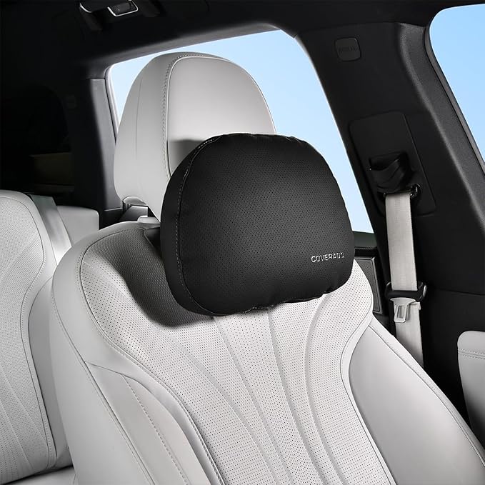 Coverado Leather Car Headrest Pillow Car Neck Pillow with Adjustable Strap, Head Support Rest Driver Relax Head Muscles Relieve Driving Fatigue, Breathable & Removable Cover, Black