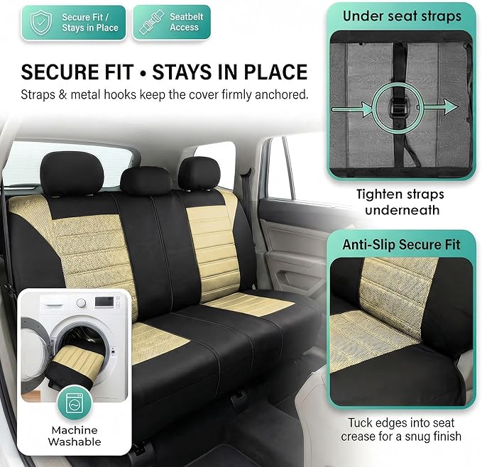 FH Group Automotive Car Seat Covers Rear Set Premium 3D Air Mesh Seat Covers, Airbag Compatible and Split Bench Cover Universal Fit Interior Accessories for Cars Trucks and SUVs - Beige
